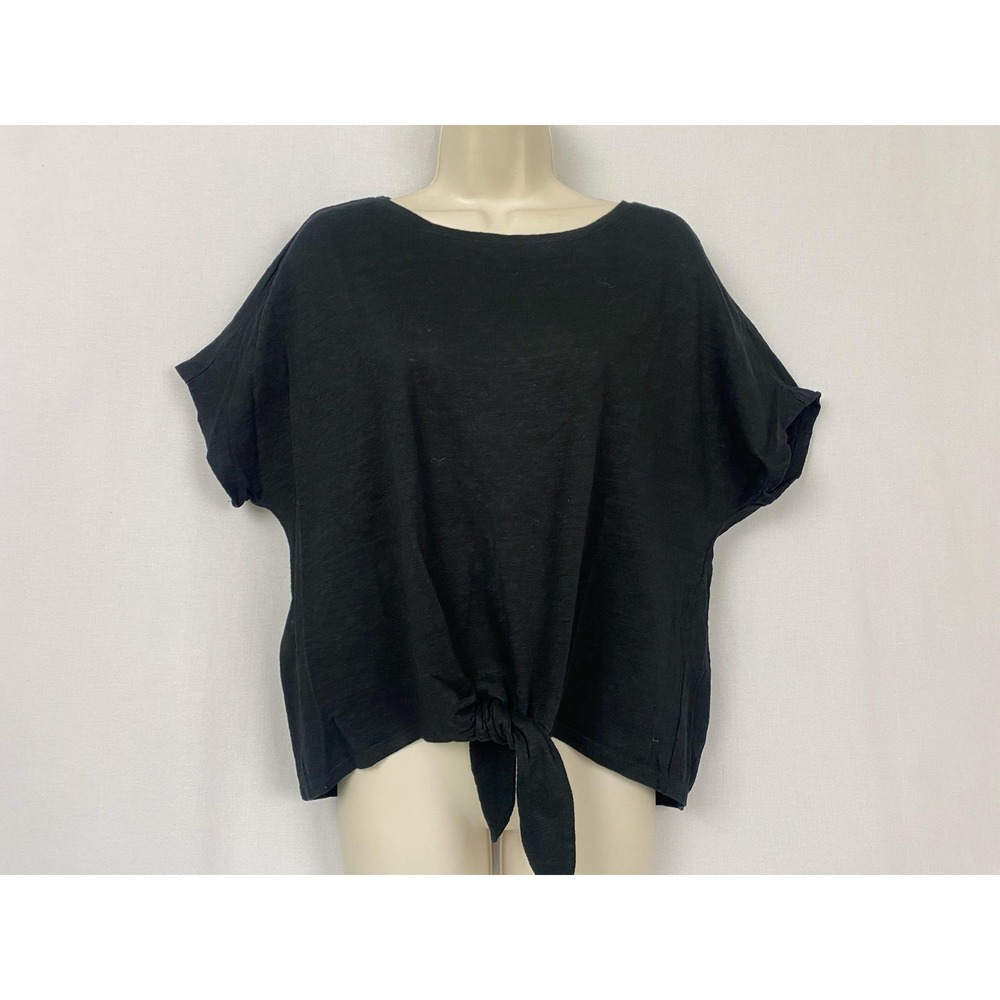 Chicos Linen Top Size 1 Medium Black Dolman Sleeve Front Tie Boxy Boho Lagenlook
